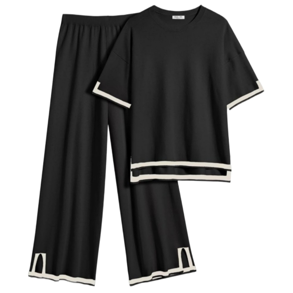 EKOUAER 2 PIECE KNIT LOUNGEWEAR SET BLACK CREAM WIDE LEG SHORT SLEEVE NWT MEDIUM